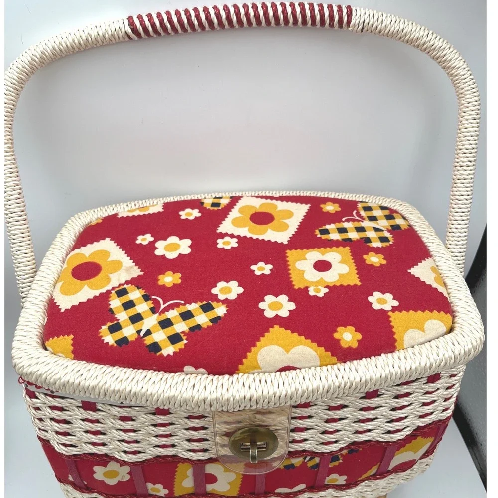 Vtg 70s Wicker Sewing Basket Retro Red Yellow Floral Mid Century Flower Power